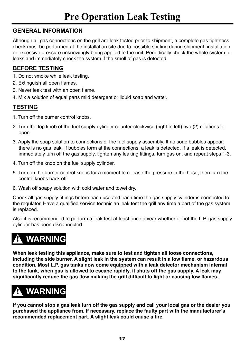 Pre operation leak testing, Warning | Sure Heat 2008 Four Seasons FS38 User Manual | Page 17 / 31