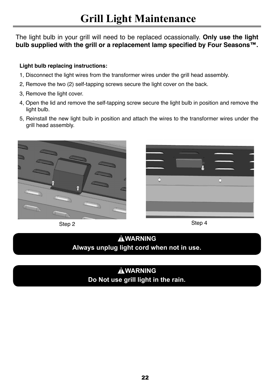 Grill light maintenance | Sure Heat 2008 Four Seasons FS38 User Manual | Page 22 / 31