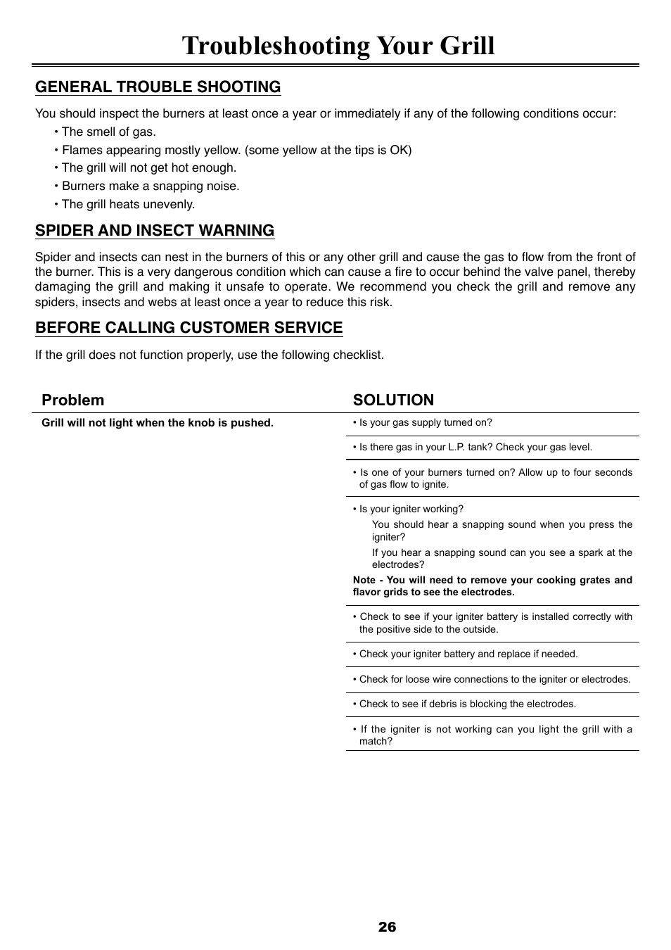 Troubleshooting your grill, General trouble shooting, Spider and insect warning | Before calling customer service, Problem, Solution | Sure Heat 2008 Four Seasons FS38 User Manual | Page 26 / 31