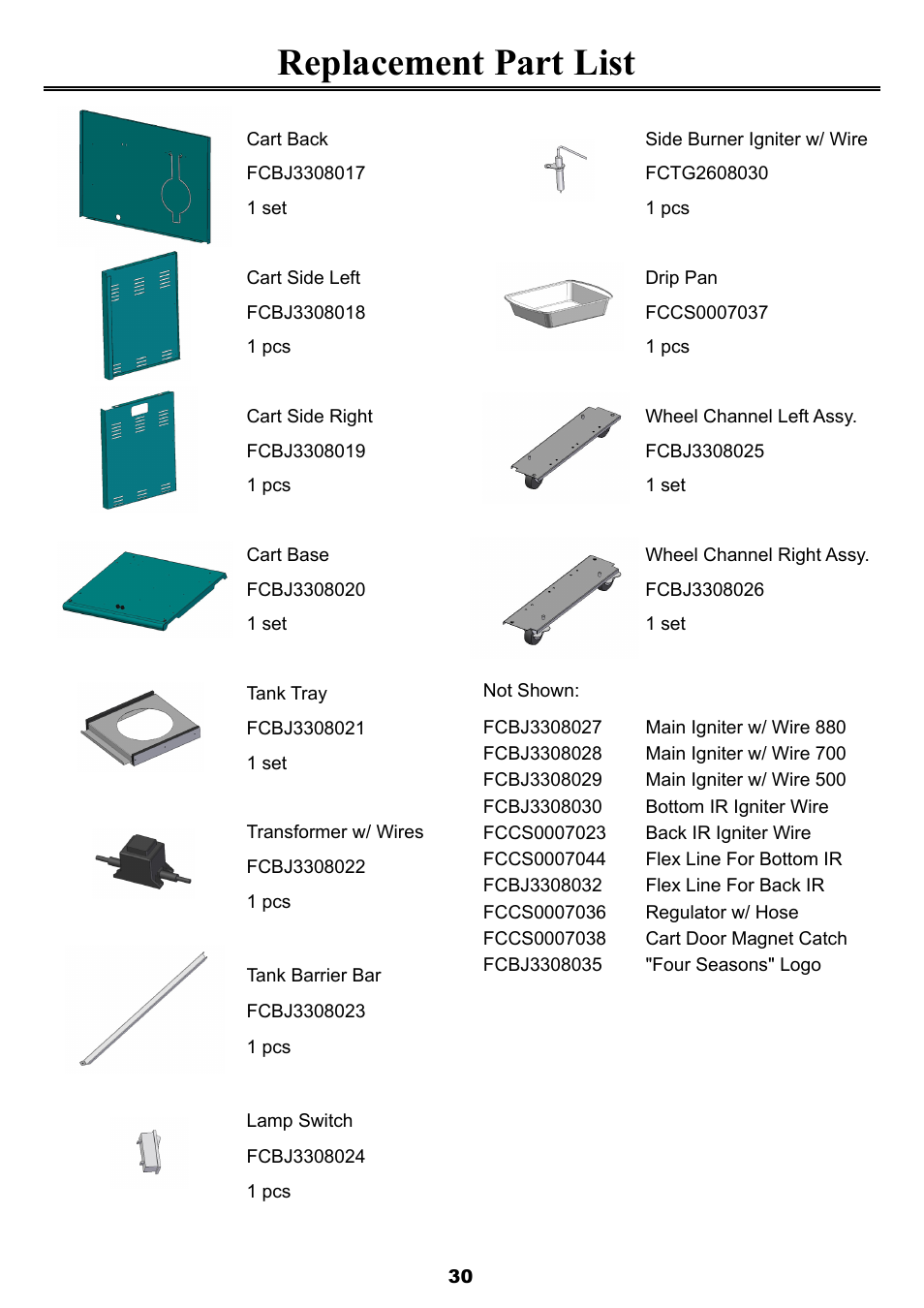 Replacement part list | Sure Heat 2008 Four Seasons FS38 User Manual | Page 30 / 31