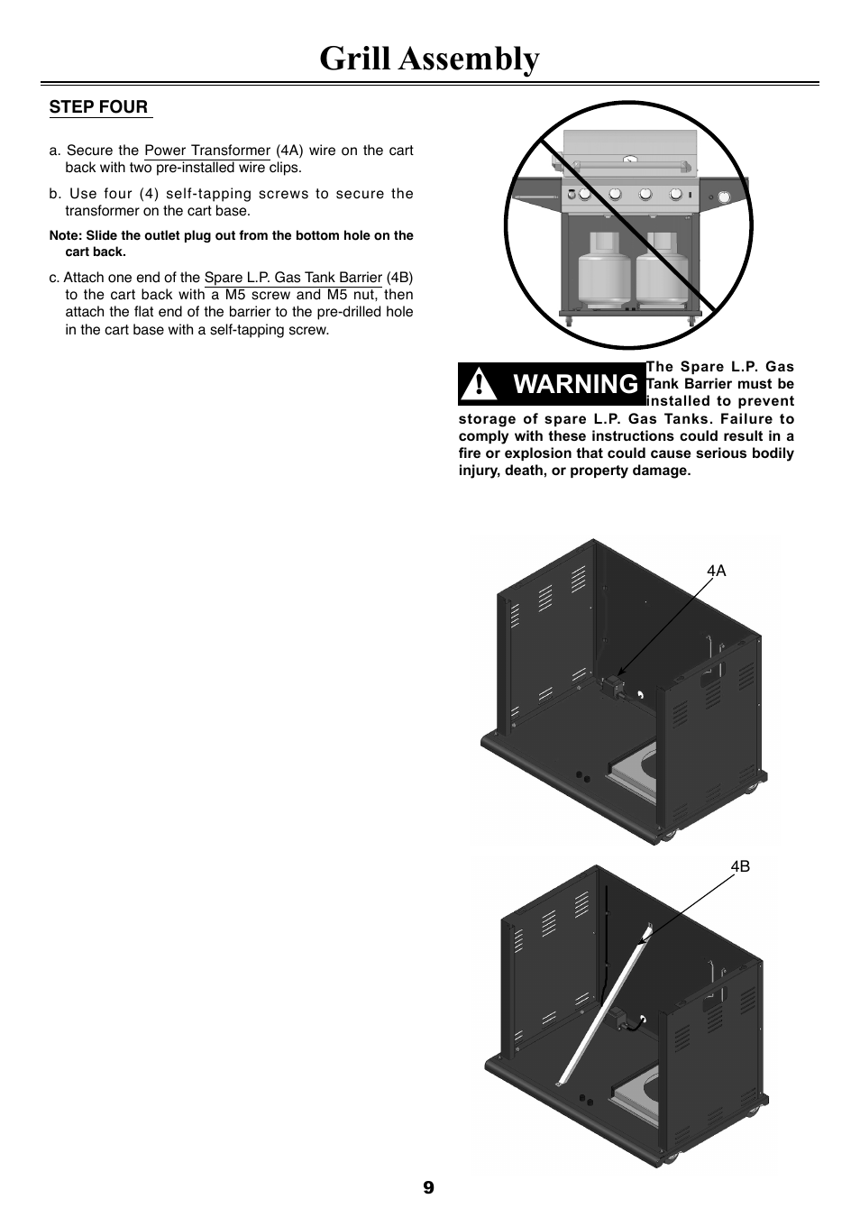 Grill assembly, Warning | Sure Heat 2008 Four Seasons FS38 User Manual | Page 9 / 31