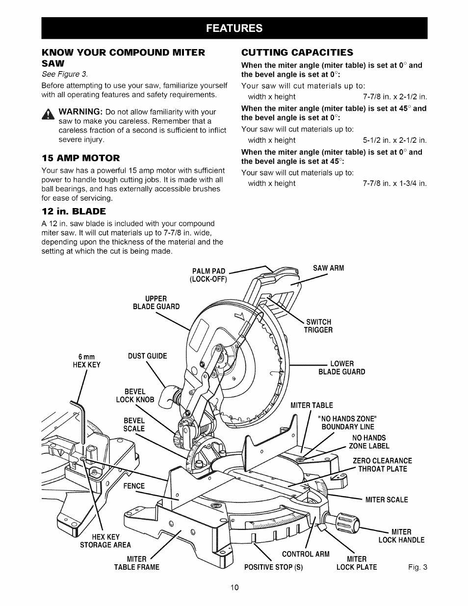 Know your compound miter saw, 15 amp motor, 12 in. blade | Cutting capacities, Features | Craftsman 315.212220 User Manual | Page 10 / 39