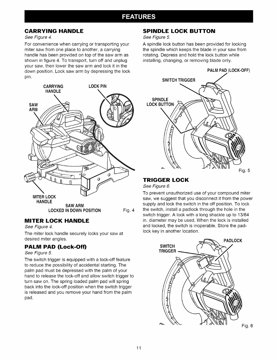 Carrying handle, Miter lock handle, Palm pad (lock-off) | Spindle lock button, Trigger lock, Features | Craftsman 315.212220 User Manual | Page 11 / 39