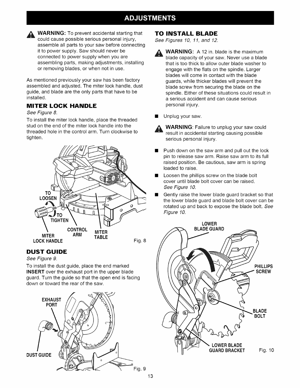 Miter lock handle, Dust guide, To install blade | Adjustments | Craftsman 315.212220 User Manual | Page 13 / 39