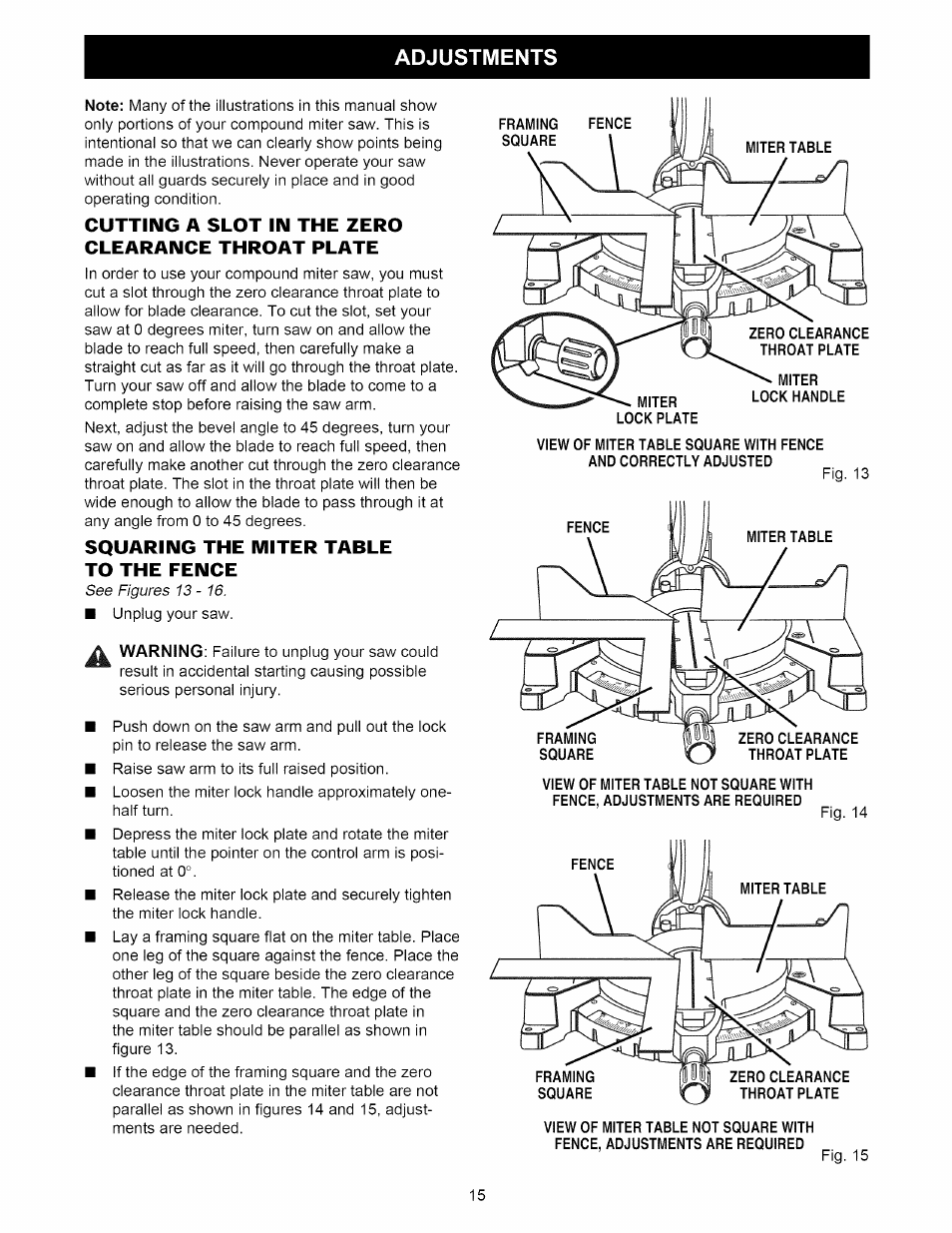 Cutting a slot in the zero clearance throat plate, Squaring the miter table to the fence, Adjustments | Craftsman 315.212220 User Manual | Page 15 / 39