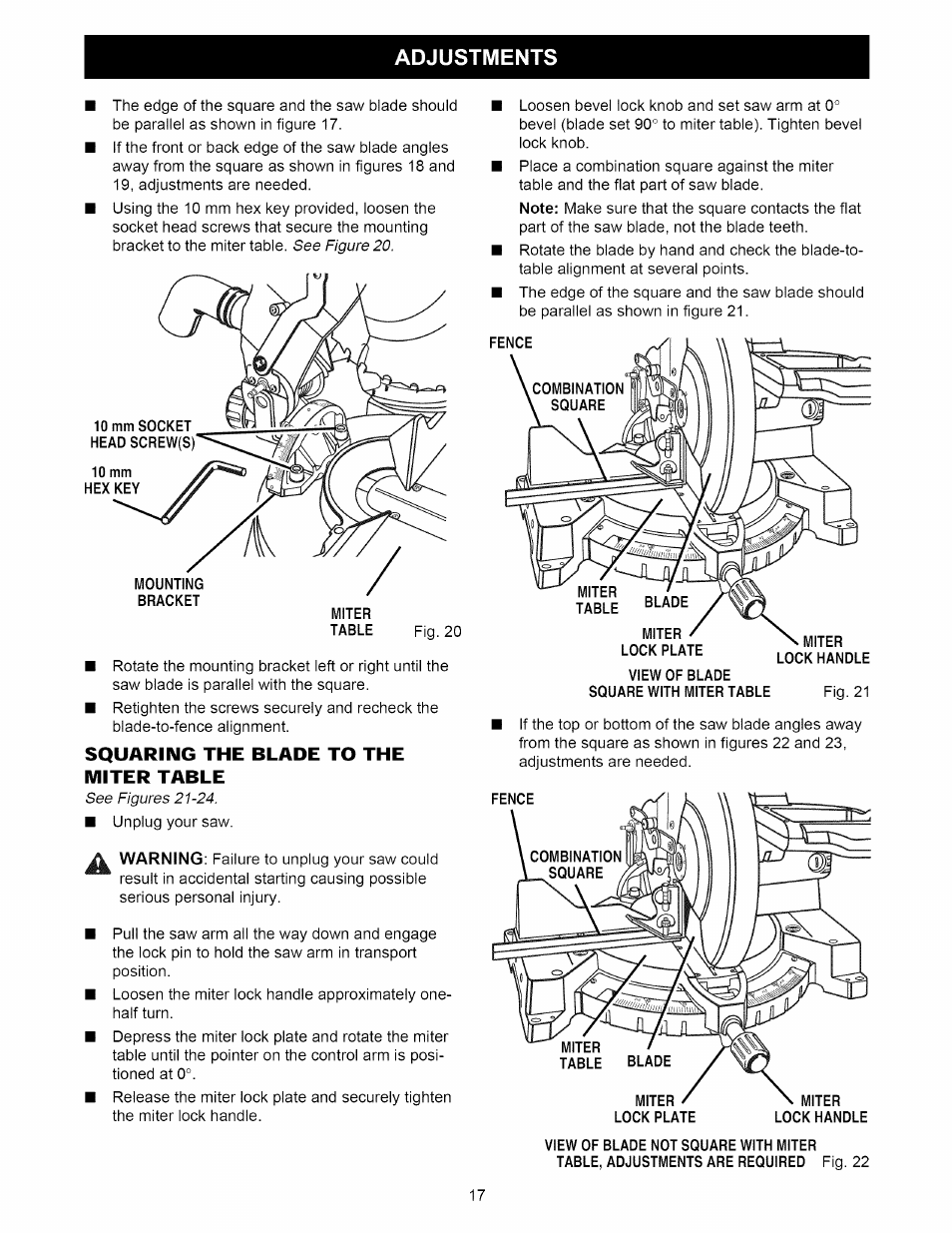 Squaring the blade to the miter table, Adjustments | Craftsman 315.212220 User Manual | Page 17 / 39