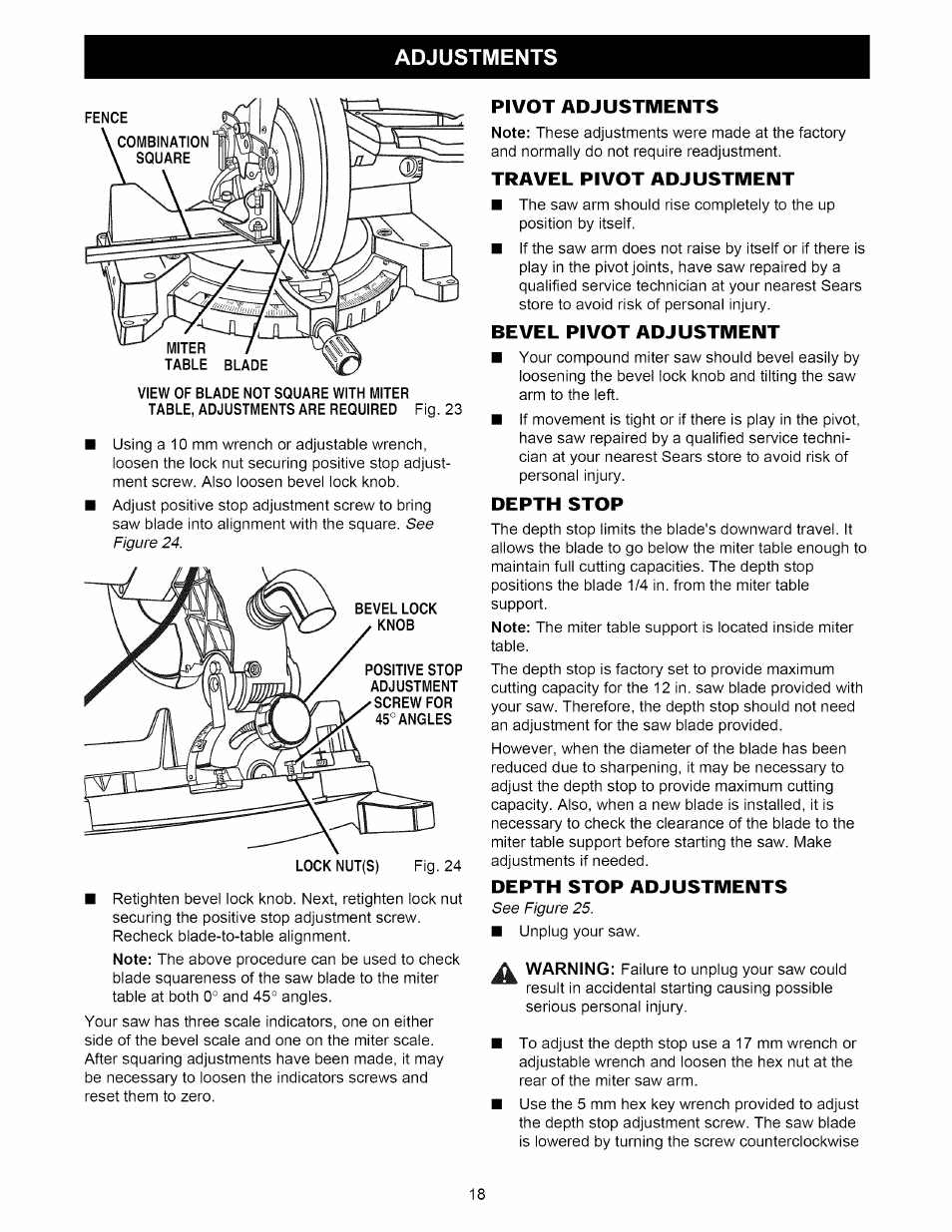 Pivot adjustments, Travel pivot adjustment, Bevel pivot adjustment | Depth stop, Depth stop adjustments, Adjustments | Craftsman 315.212220 User Manual | Page 18 / 39