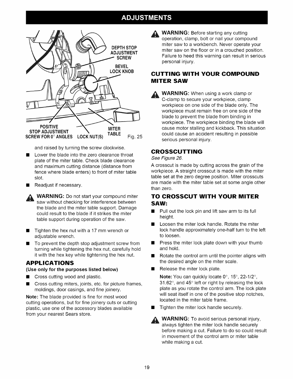 Applications, Cutting with your compound miter saw, Crosscutting | To crosscut with your miter saw, Adjustments | Craftsman 315.212220 User Manual | Page 19 / 39