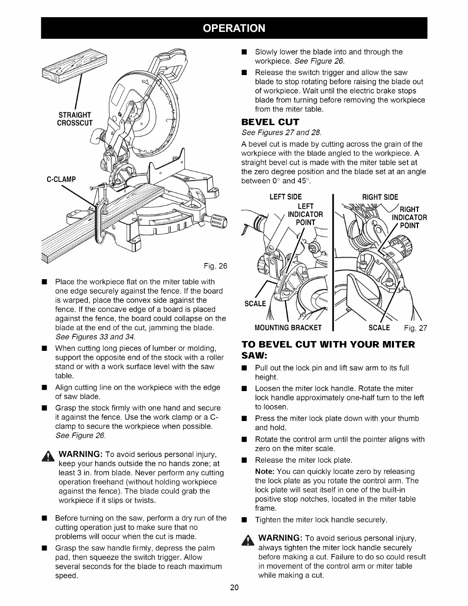 Bevel cut, To bevel cut with your miter saw, Operation | Craftsman 315.212220 User Manual | Page 20 / 39