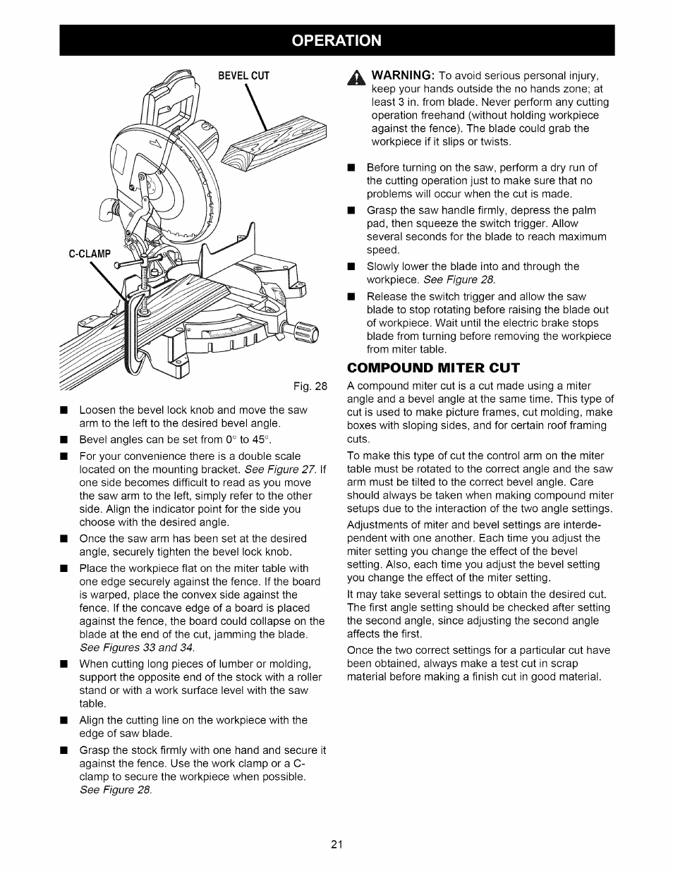 Compound miter cut, Operation | Craftsman 315.212220 User Manual | Page 21 / 39