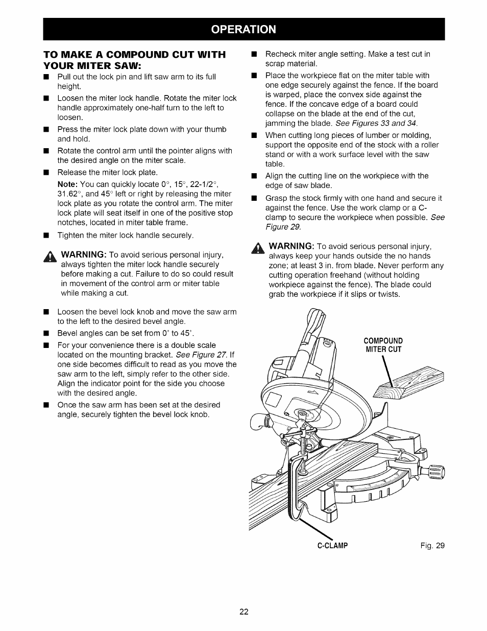 To make a compound cut with your miter saw, Operation | Craftsman 315.212220 User Manual | Page 22 / 39