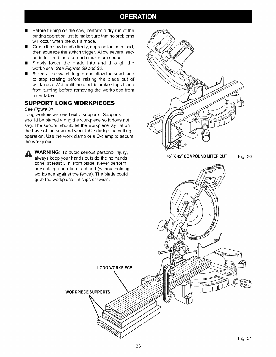 Support long workpieces, Operation | Craftsman 315.212220 User Manual | Page 23 / 39