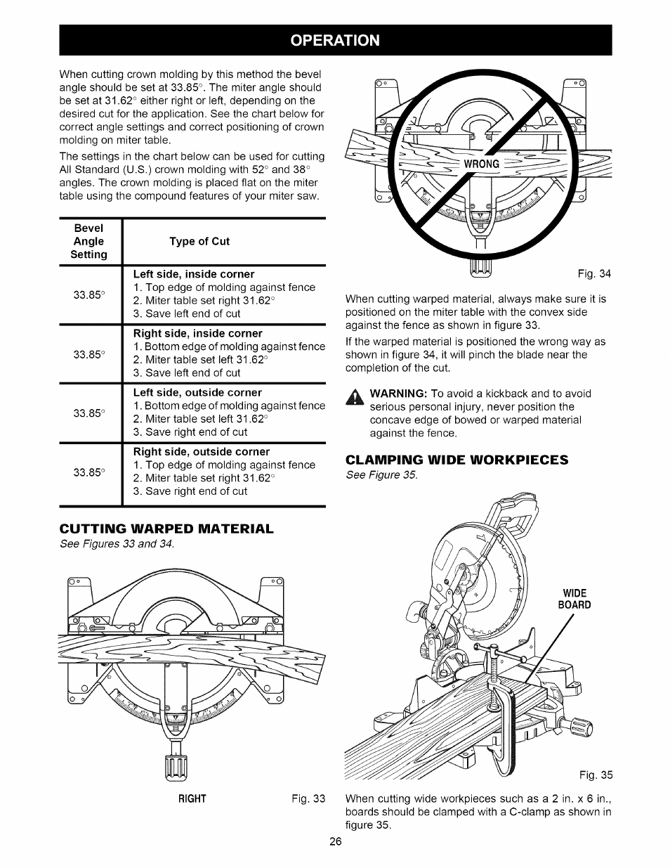 Cutting warped material, Clamping wide workpieces, Operation | Craftsman 315.212220 User Manual | Page 26 / 39