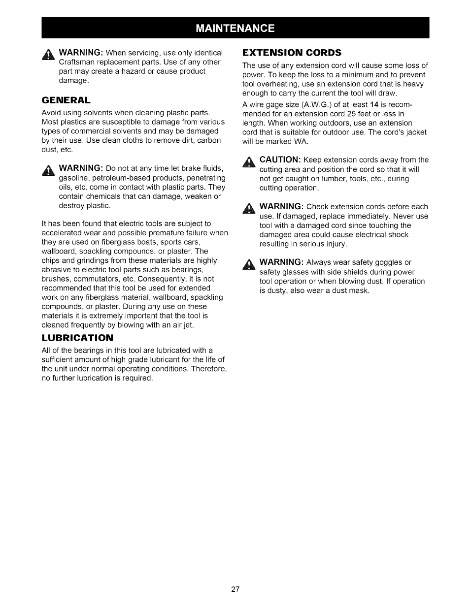 General, Lubrication, Extension cords | Maintenance | Craftsman 315.212220 User Manual | Page 27 / 39