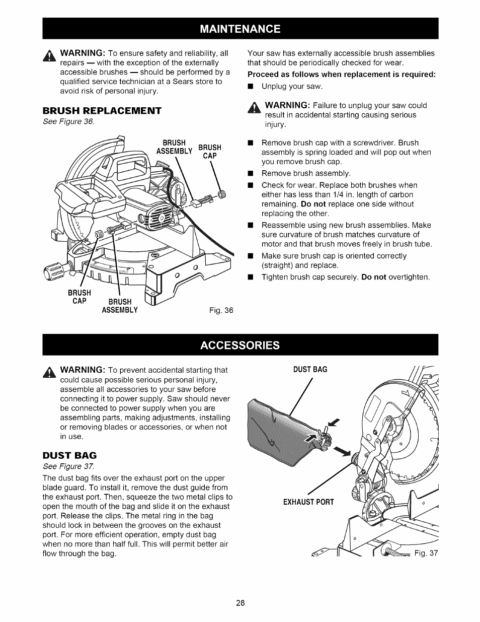 Brush replacement, Accessories, Dust bag | Maintenance | Craftsman 315.212220 User Manual | Page 28 / 39