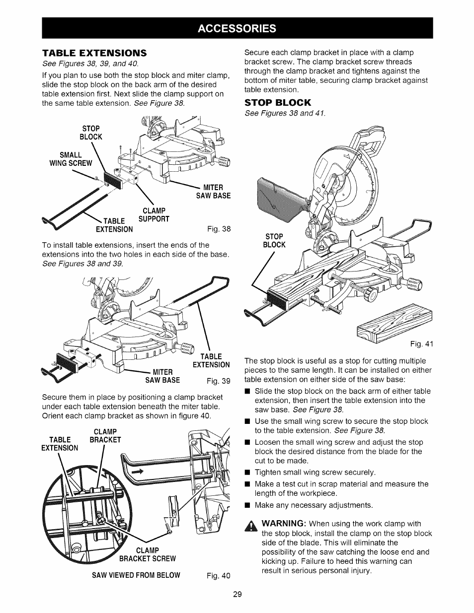 Table extensions, Stop block, Accessories | Craftsman 315.212220 User Manual | Page 29 / 39