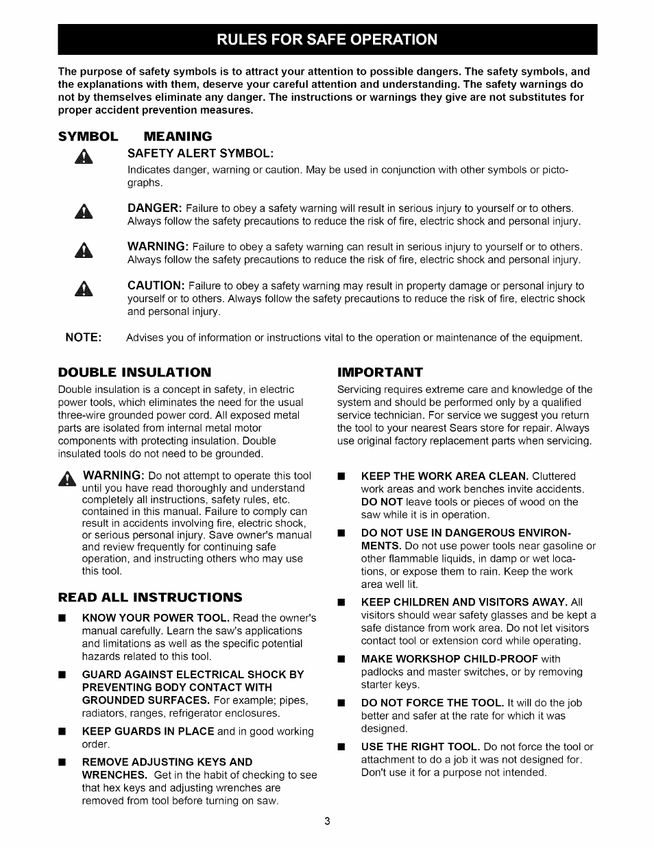 Rules for safe operation, Meaning, Safety alert symbol | Double insulation, Read all instructions, Important | Craftsman 315.212220 User Manual | Page 3 / 39