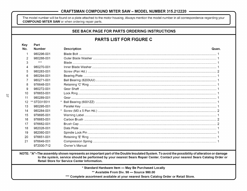 Craftsman 315.212220 User Manual | Page 37 / 39