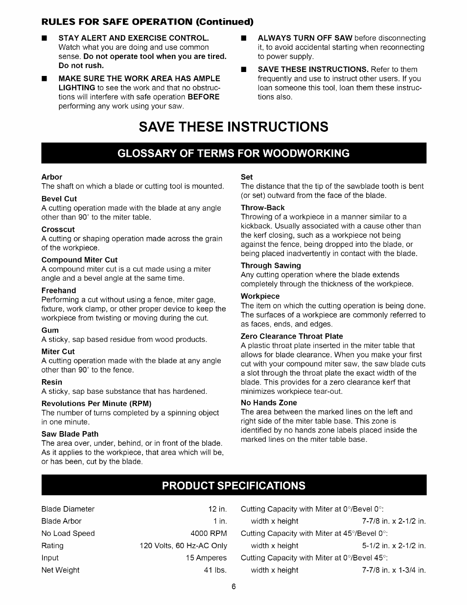 Glossary of terms for woodworking, Product specifications, Save these instructions | Craftsman 315.212220 User Manual | Page 6 / 39