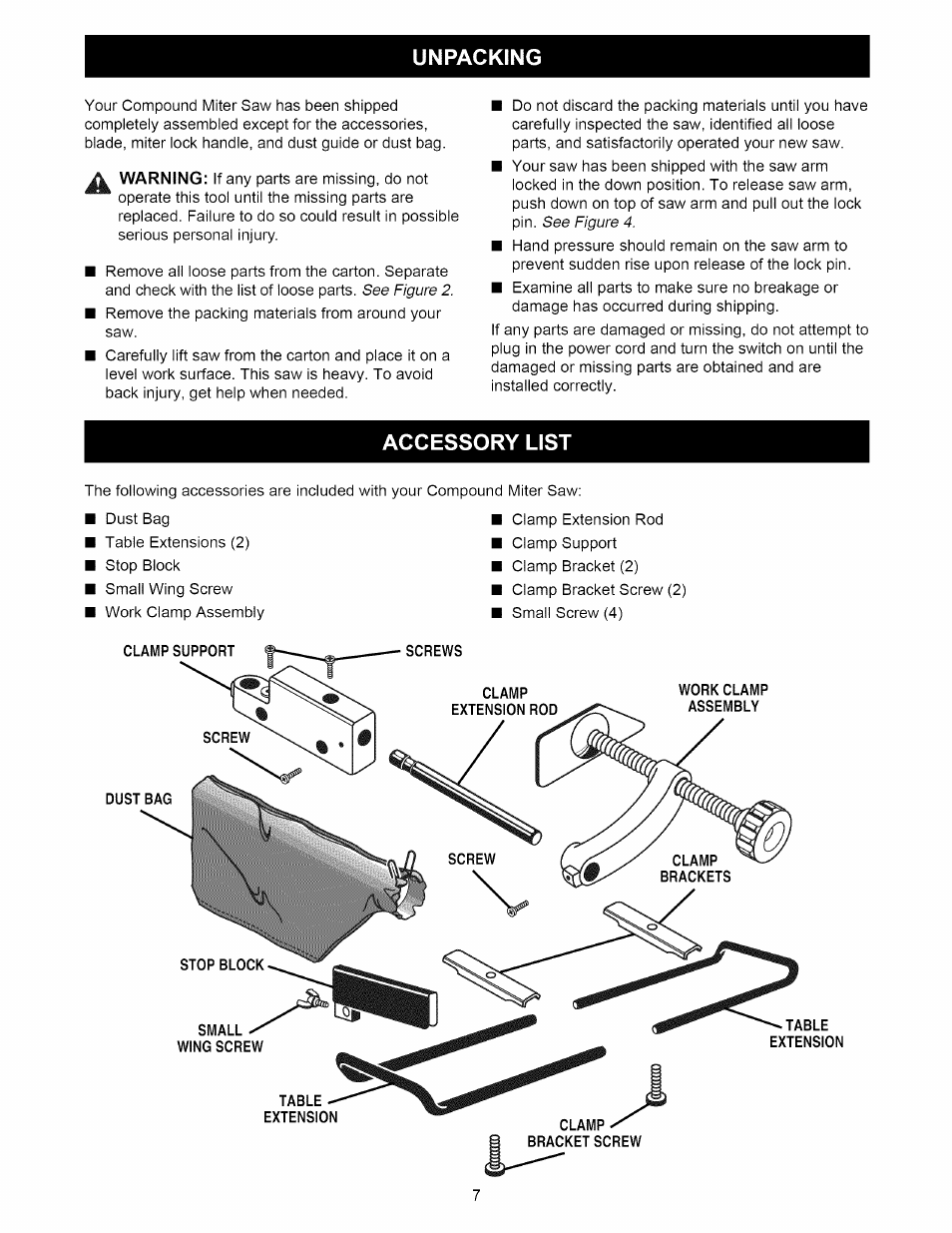 Unpacking, Accessory list | Craftsman 315.212220 User Manual | Page 7 / 39