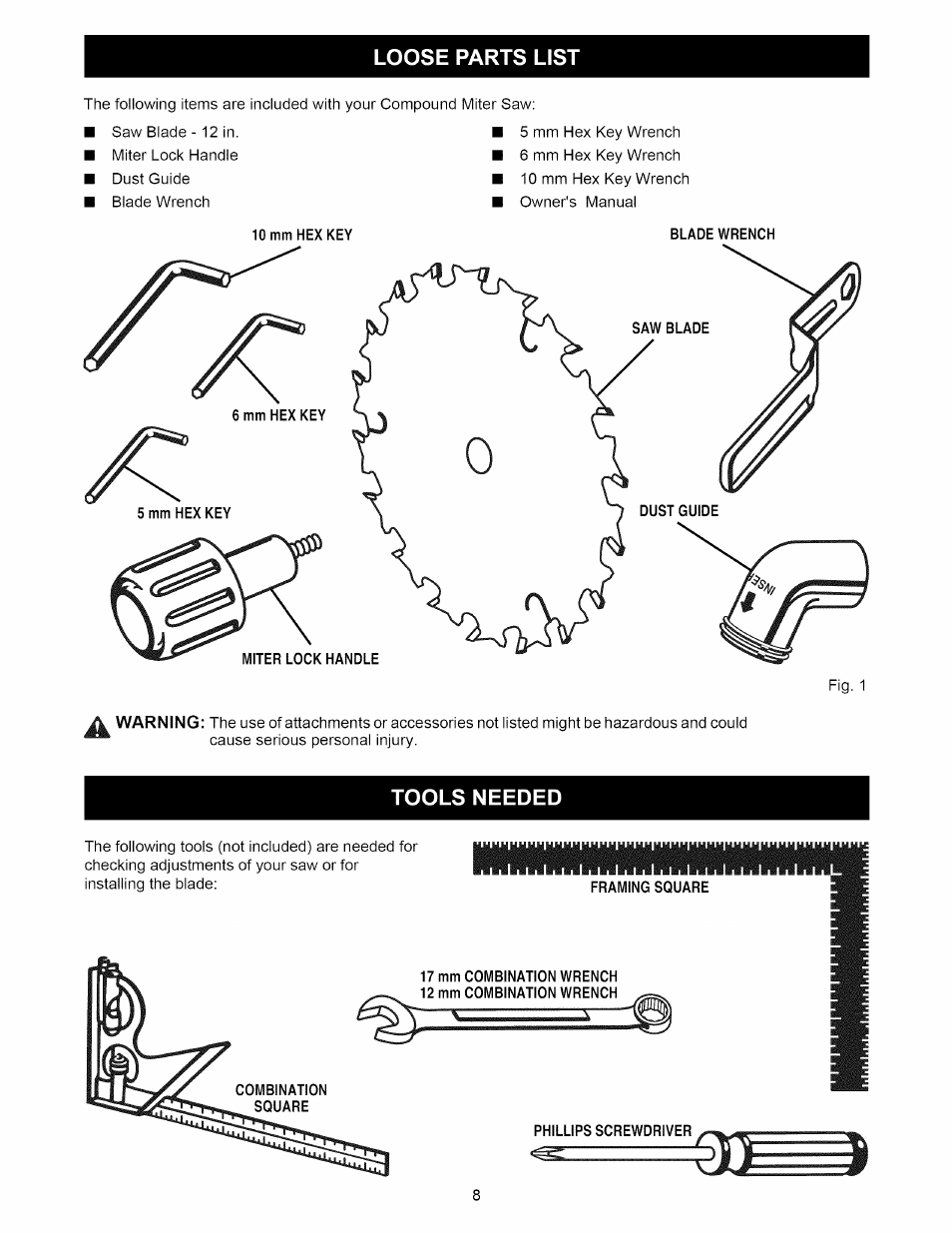 Loose parts list, Tools needed | Craftsman 315.212220 User Manual | Page 8 / 39