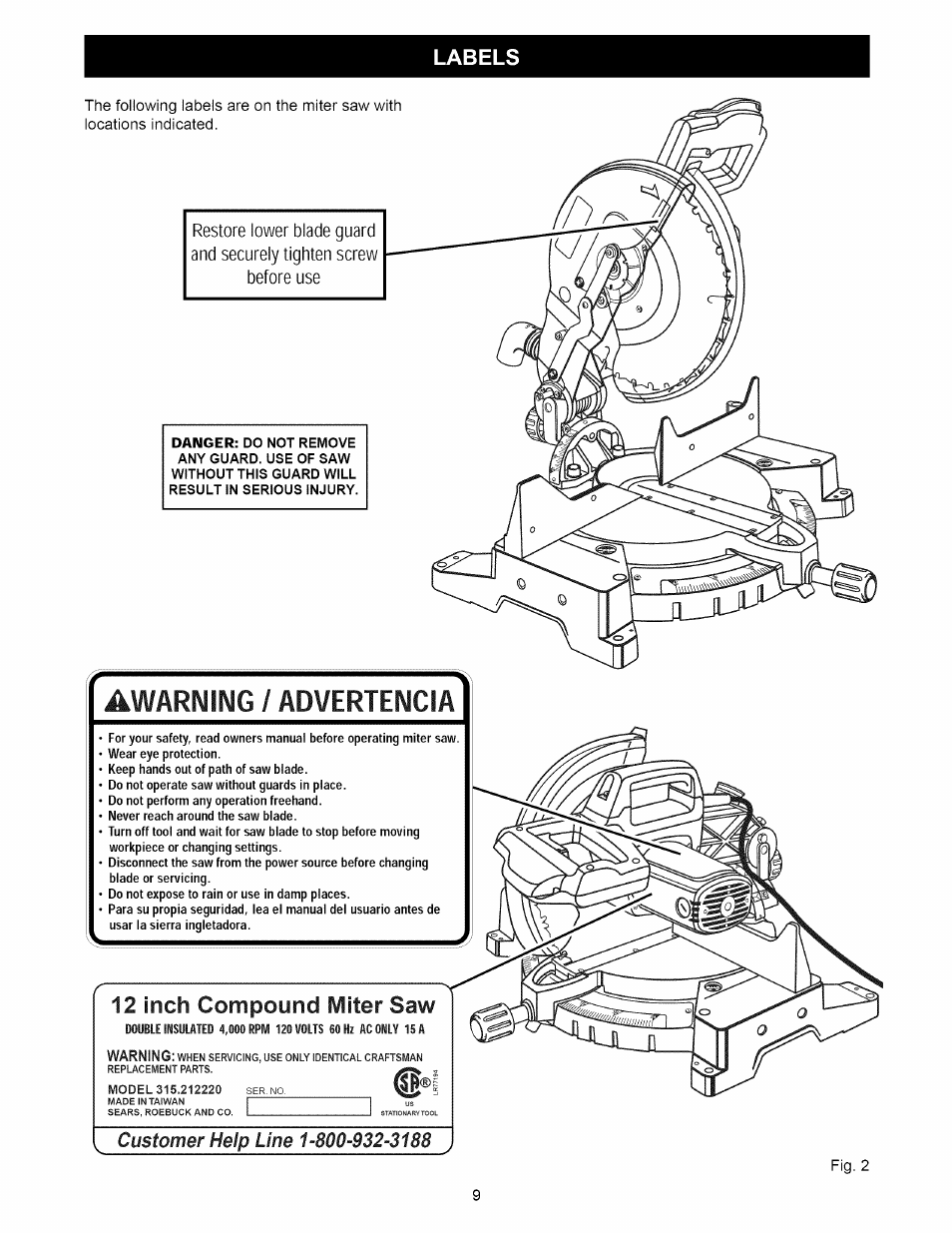 Awarning / advertencia, 12 inch compound ivliter saw | Craftsman 315.212220 User Manual | Page 9 / 39