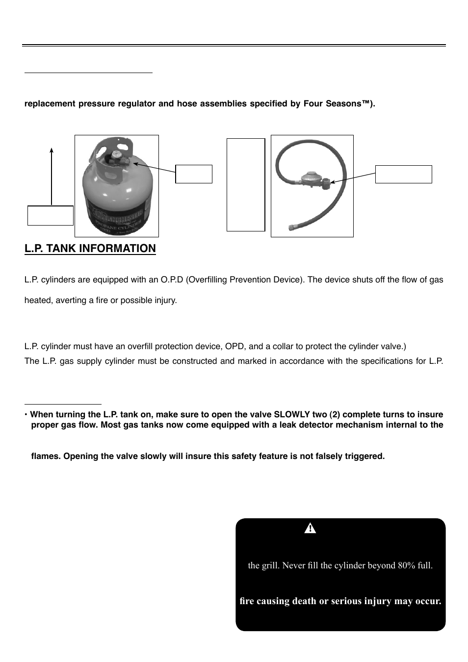 Gas requirements, Warning, L.p. gas installation | L.p. tank information, L.p. tank use | Sure Heat 2008 Four Seasons FSIS User Manual | Page 8 / 19