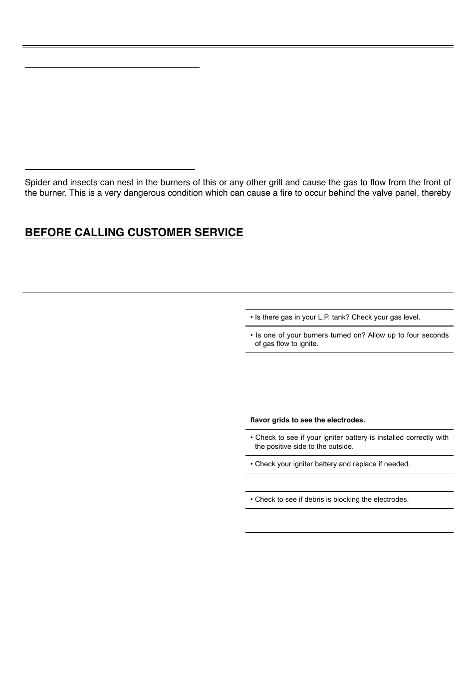 Troubleshooting your grill, General trouble shooting, Spider and insect warning | Before calling customer service, Problem, Solution | Sure Heat Cascade TS29 User Manual | Page 22 / 26