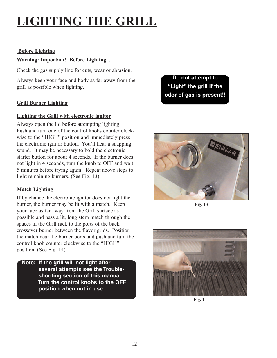 Lighting the grill | Sure Heat Jenn-Air 38 User Manual | Page 13 / 19