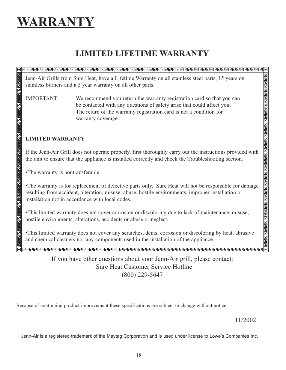 Warranty, Limited lifetime warranty | Sure Heat Jenn-Air 38 User Manual | Page 19 / 19