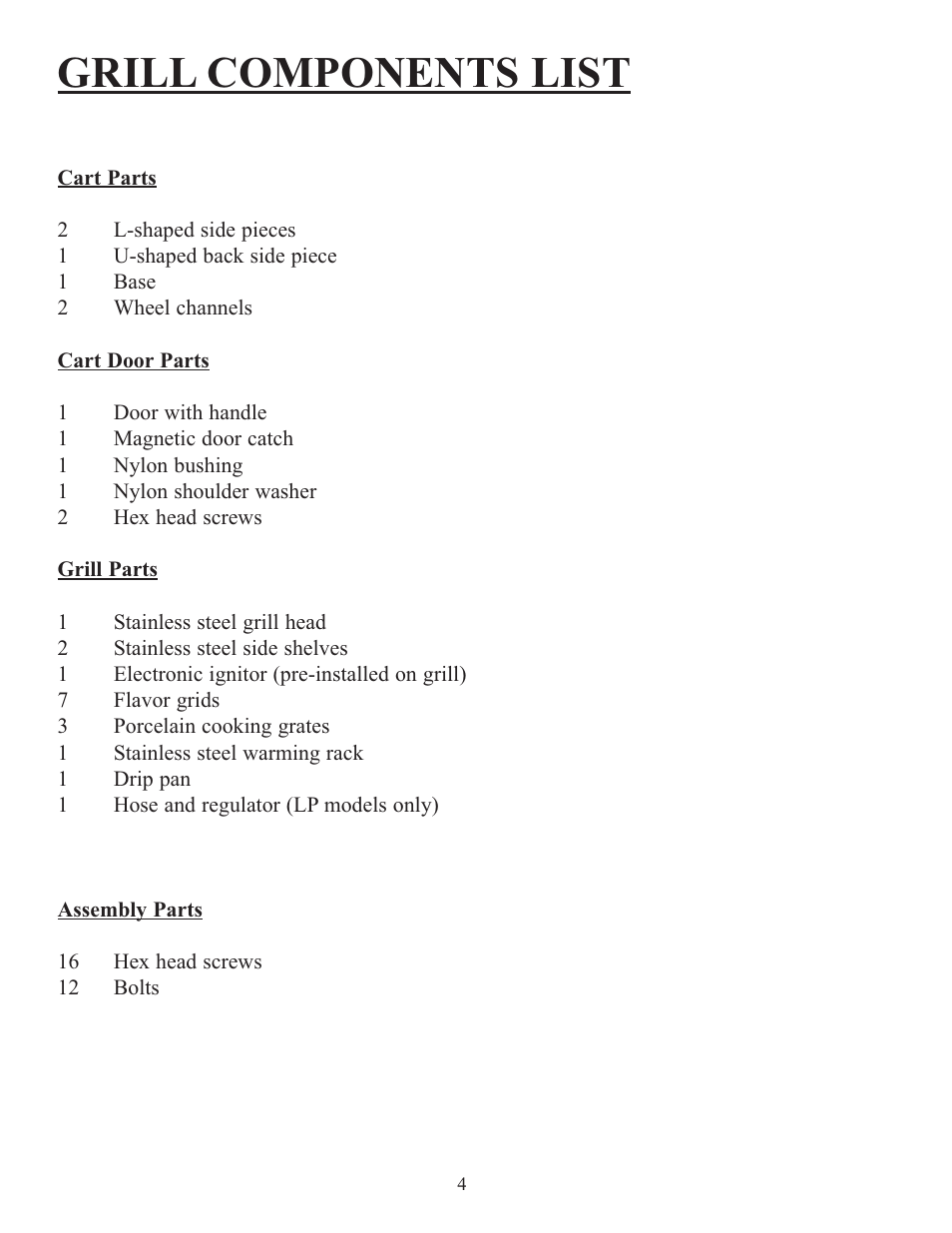 Grill components list | Sure Heat Jenn-Air 38 User Manual | Page 5 / 19