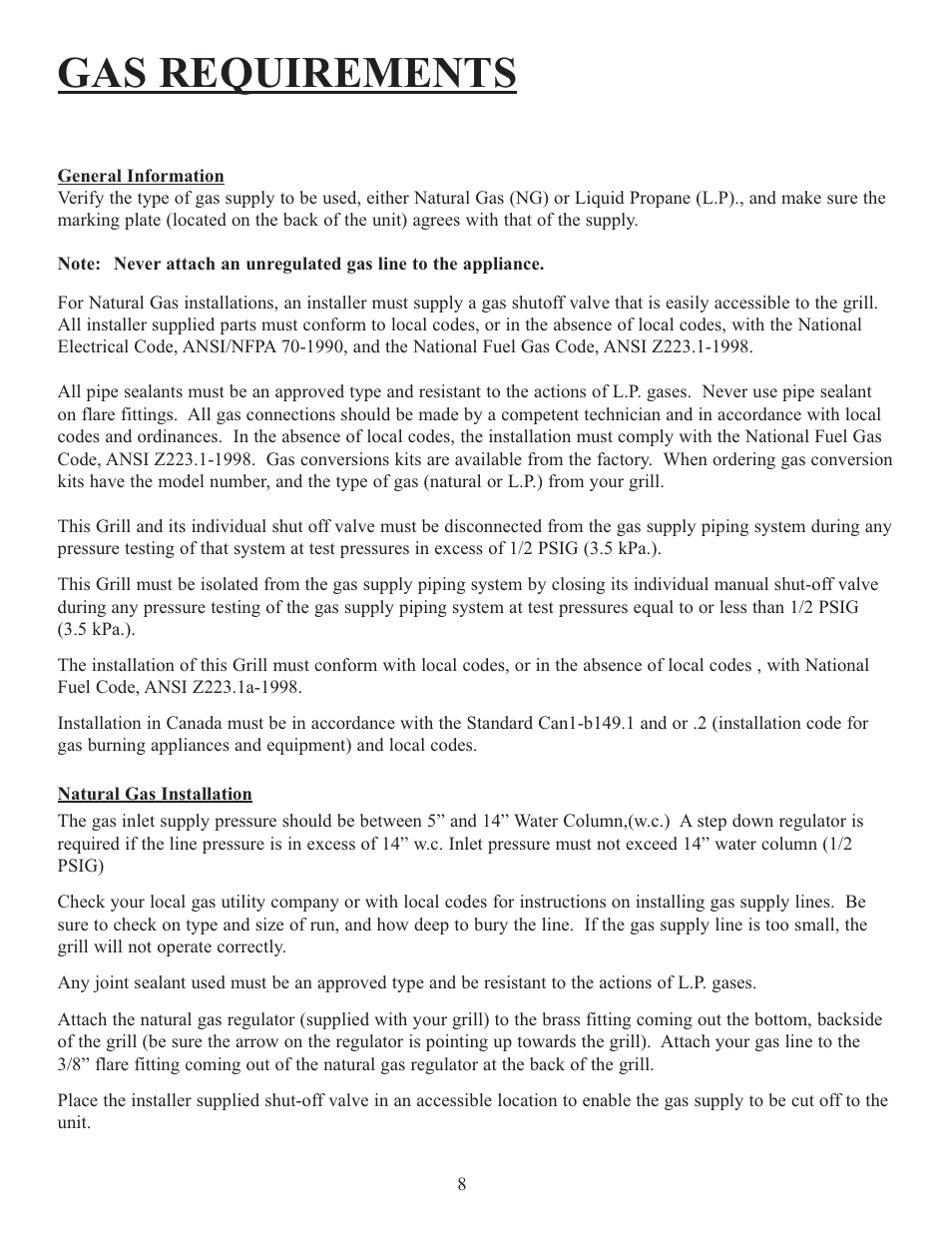 Gas requirements | Sure Heat Jenn-Air 38 User Manual | Page 9 / 19