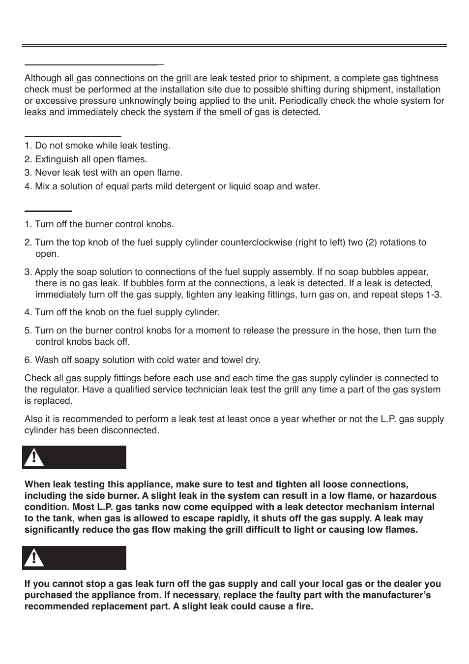 Pre operation leak testing, Warning | Sure Heat Tuscany CS892LP User Manual | Page 13 / 24