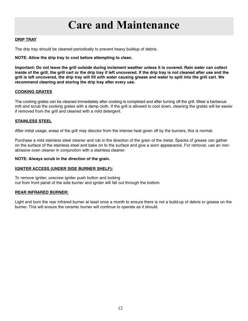 Care and maintenance | Sure Heat Sonoma SGR30 User Manual | Page 13 / 16