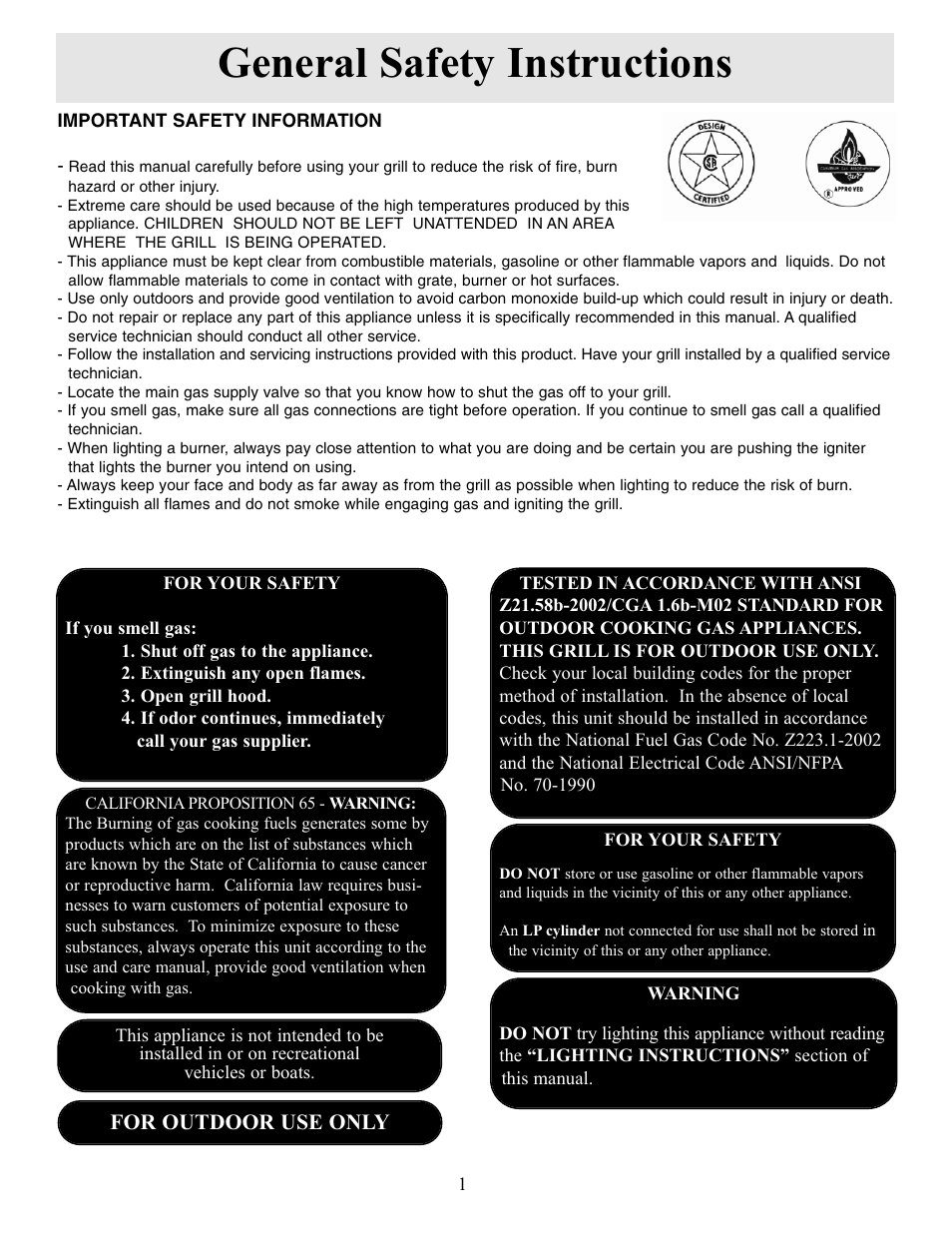 General safety instructions, For outdoor use only | Sure Heat Sonoma SGR30 User Manual | Page 2 / 16