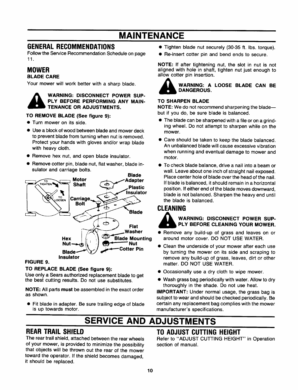 Maintenance, General recommendations, Mower | Cleaning, Service and adjustments, Rear trail shield, To adjust cutting height, Service and adjustment | Craftsman 247.370320 User Manual | Page 10 / 19