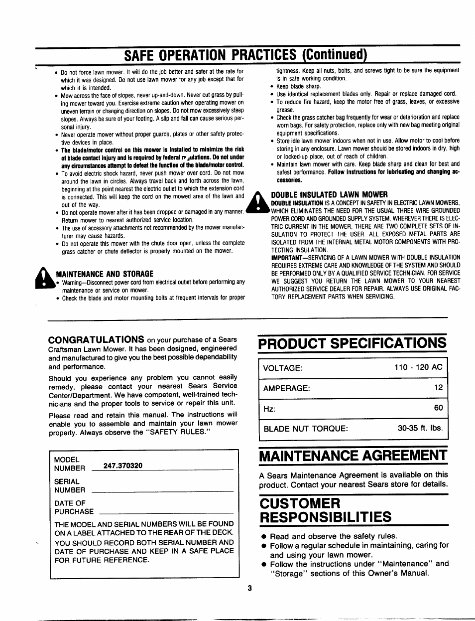 Safe operation practices (continued), Product specifications, Maintenance agreement | Customer, Responsibilities, Customer responsibilities | Craftsman 247.370320 User Manual | Page 3 / 19