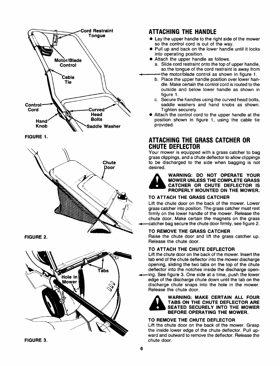 Attaching the handle, Attaching the grass catcher or chute deflector | Craftsman 247.370320 User Manual | Page 6 / 19