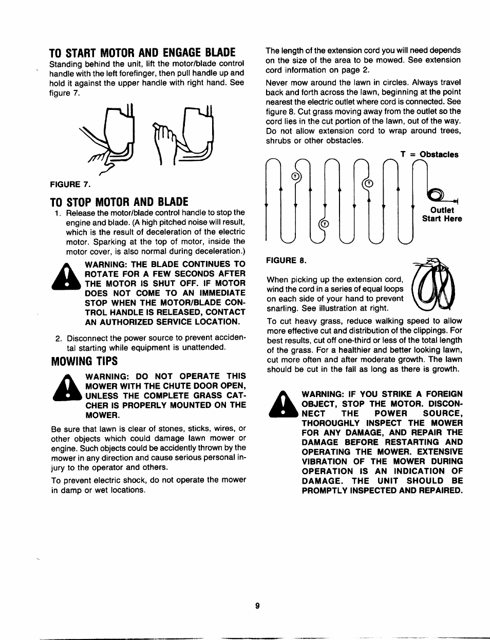 To start motor and engage blade, To stop motor and blade, Mowing tips | Craftsman 247.370320 User Manual | Page 9 / 19