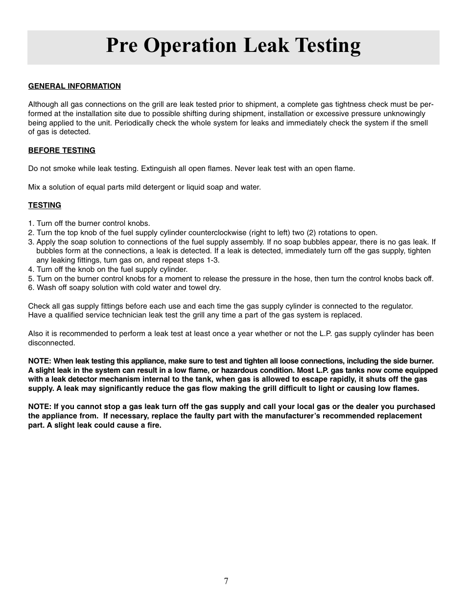 Pre operation leak testing | Sure Heat Sonoma SGR27 User Manual | Page 9 / 16