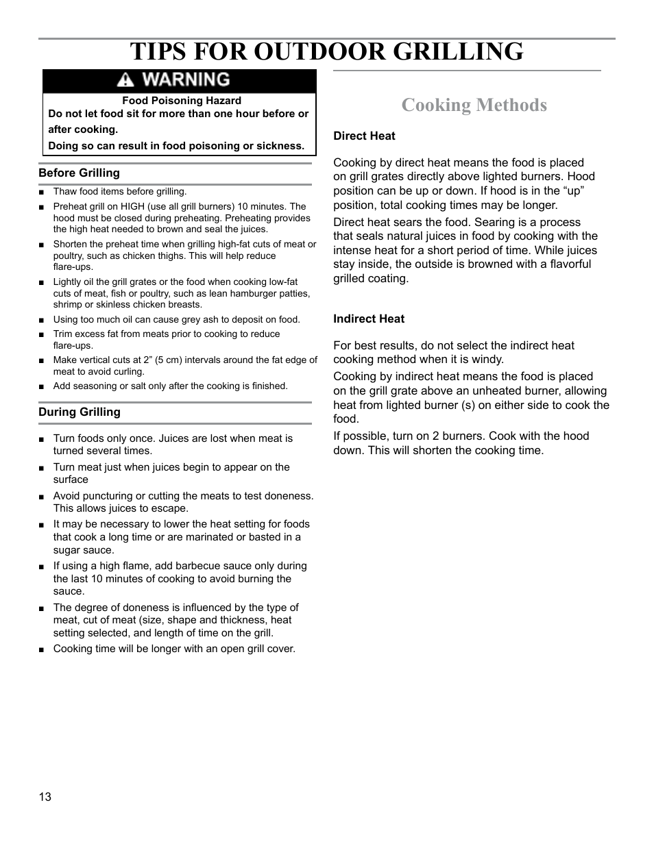 Tips for outdoor grilling, Cooking methods | Sure Heat 2009 Surefire SF30HOLP User Manual | Page 13 / 18