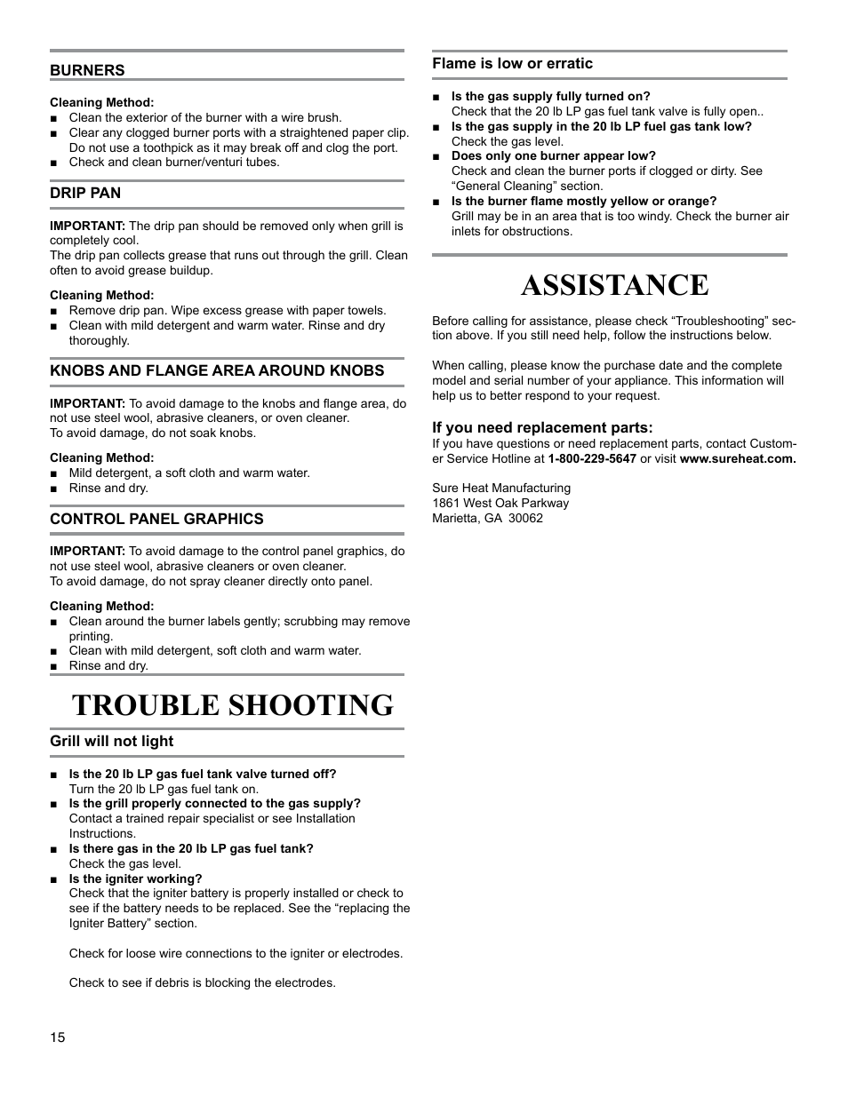 Trouble shooting, Assistance | Sure Heat 2009 Surefire SF30HOLP User Manual | Page 15 / 18