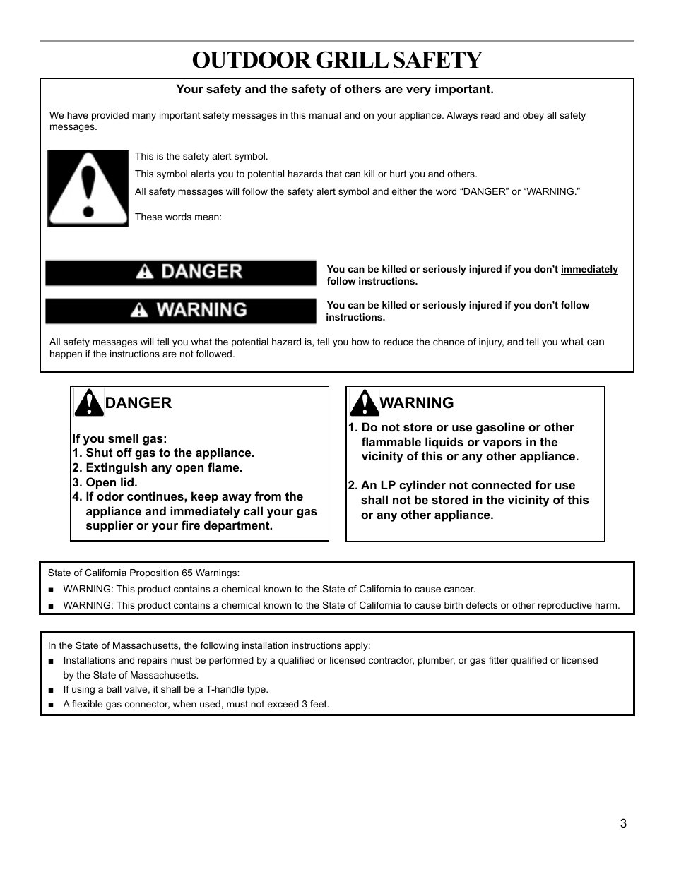 Outdoor grill safety, Danger, Warning | Sure Heat 2009 Surefire SF30HOLP User Manual | Page 3 / 18