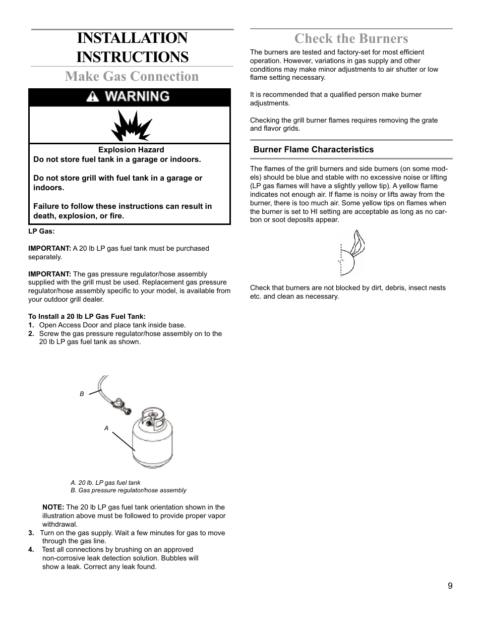 Installation instructions, Make gas connection, Check the burners | Sure Heat 2009 Surefire SF30HOLP User Manual | Page 9 / 18