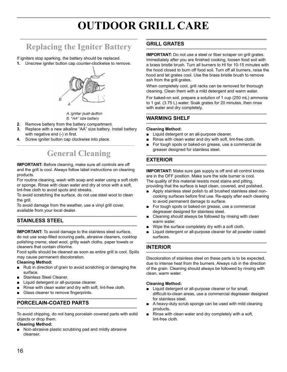 Outdoor grill care, Replacing the igniter battery, General cleaning | Sure Heat 2009 Surefire SF34LP User Manual | Page 16 / 21