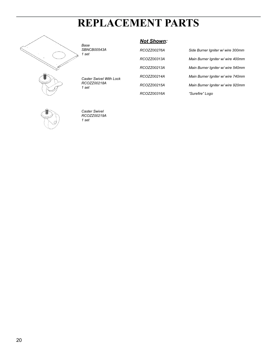 Replacement parts, Not shown | Sure Heat 2009 Surefire SF34LP User Manual | Page 20 / 21