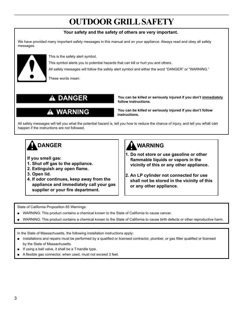 Outdoor grill safety, Danger, Warning | Sure Heat 2009 Surefire SF34LP User Manual | Page 3 / 21