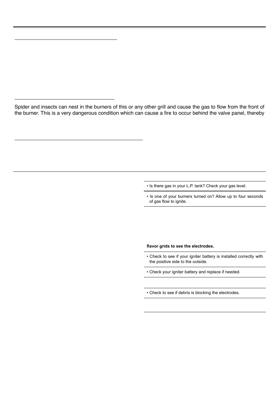 Troubleshooting your grill, General trouble shooting, Spider and insect warning | Before calling customer service, Problem, Solution | Sure Heat 2008 Surefire SF308LP User Manual | Page 23 / 28