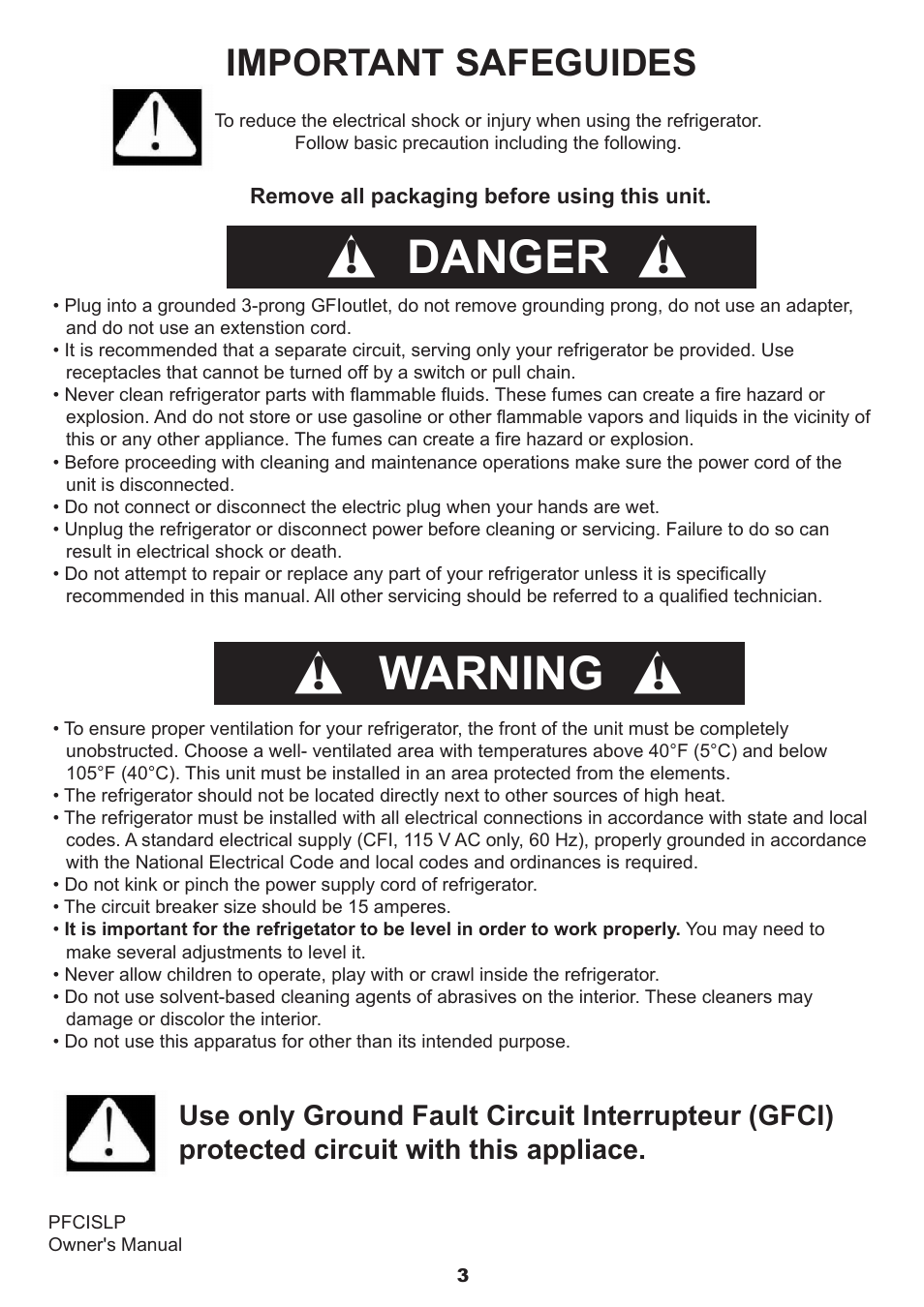 Danger, Warning, Important safeguides | Sure Heat Sonoma PFCIS User Manual | Page 3 / 9