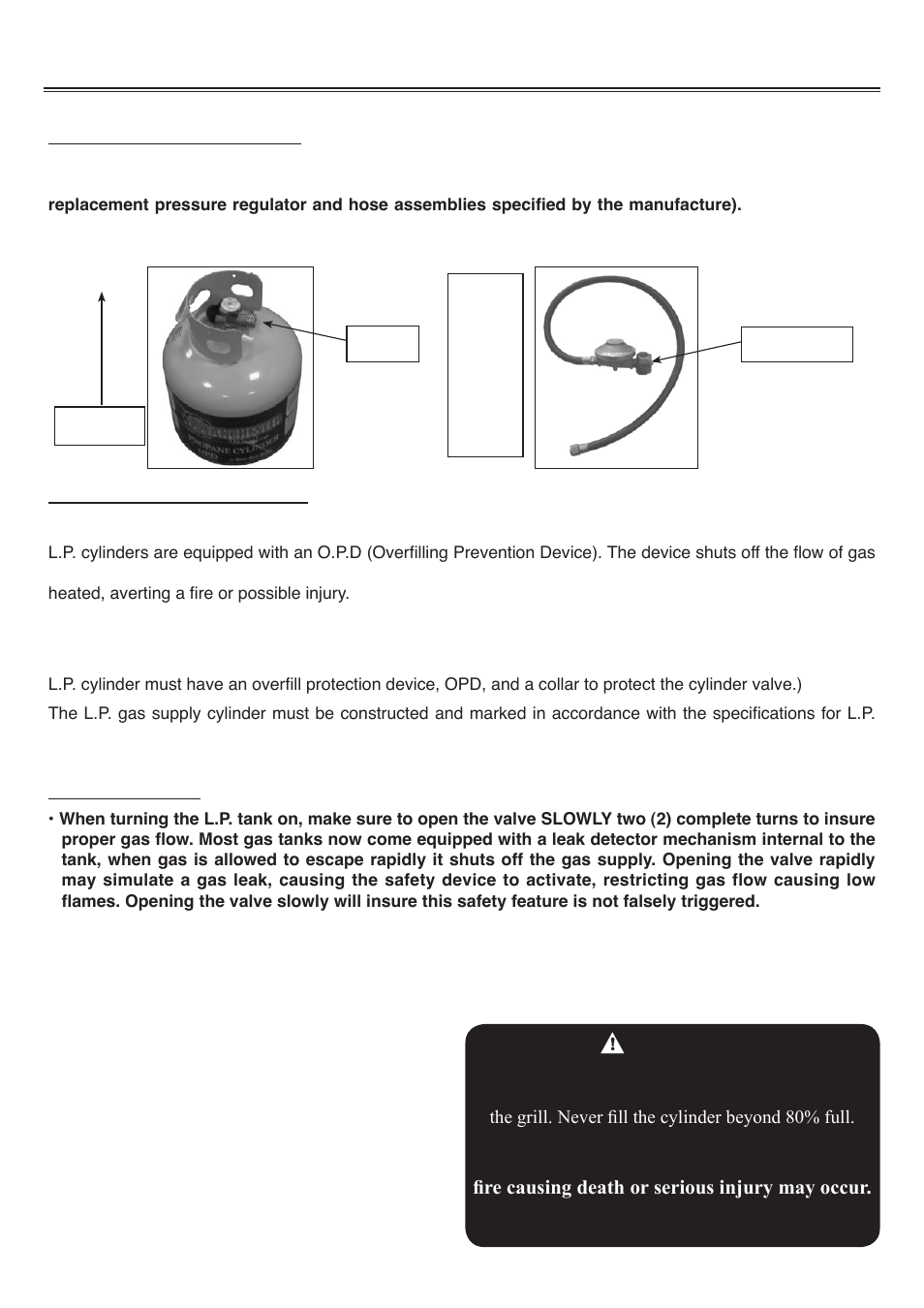 Gas requirements, Warning, L.p. gas installation | L.p. tank information, L.p. tank use | Sure Heat Sonoma PFISLP User Manual | Page 12 / 23